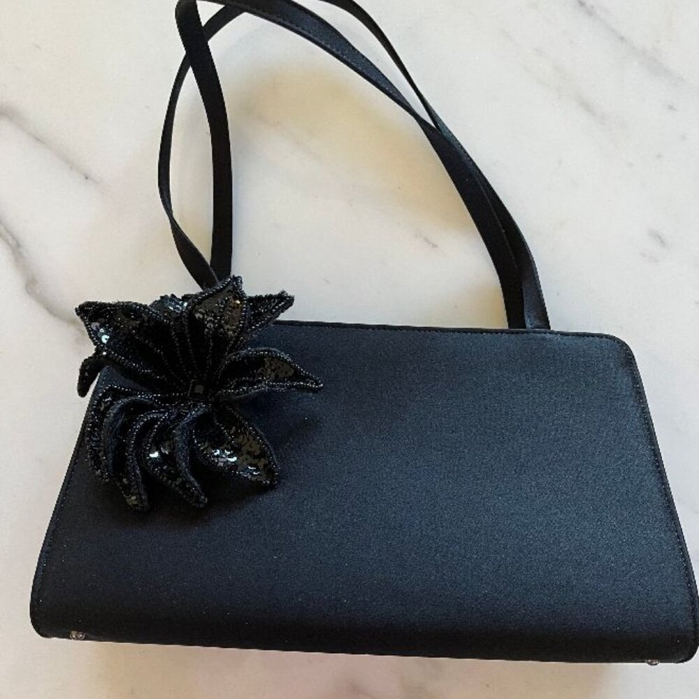 Beautiful Vintage Ann Taylor Black Silk Purse with Beaded Flower Accent
